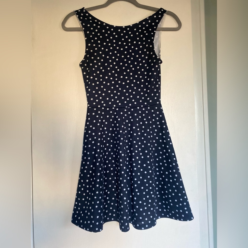 Blue and white polka dot dress